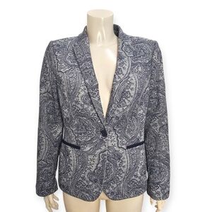 TOMMY HILFIGER Women Navy Gray Paisley Print Elbow Patch Blazer Jacket S/M